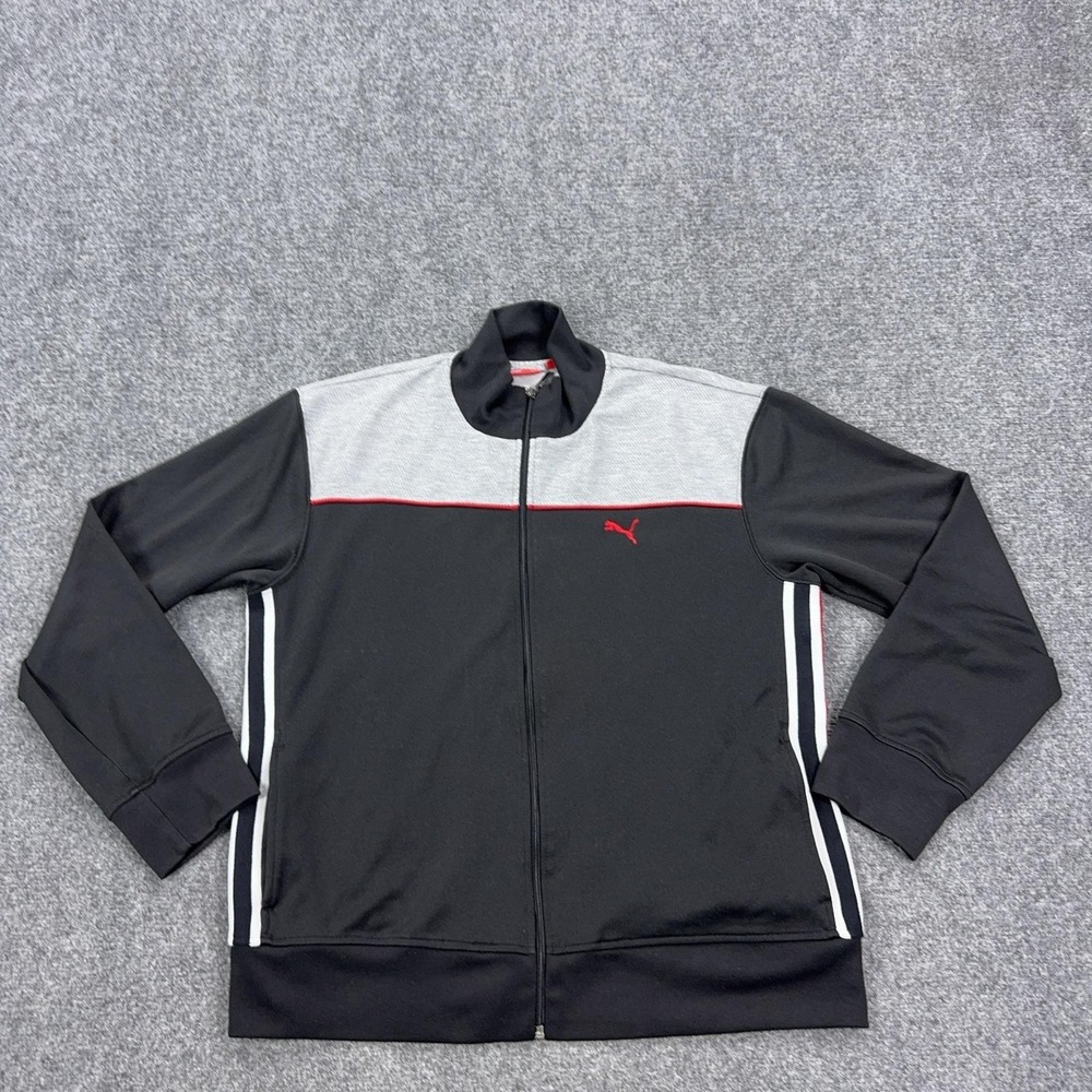 Puma Track Jacket Mens Small Black Gray Red Full Zip Striped Logo 501-614